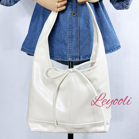 Cream Vegan Leather Bow Tote Bag: Minimalist Shoulder Handbag