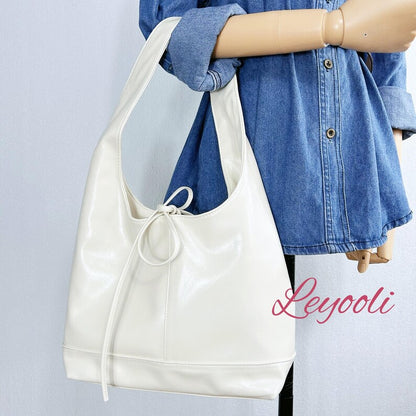 Cream Vegan Leather Bow Tote Bag: Minimalist Shoulder Handbag