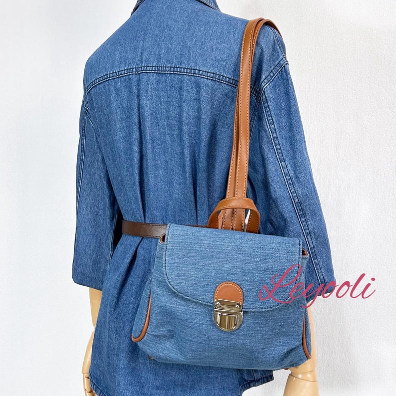 Denim Mini Backpack Purse: Vintage Convertible Shoulder Bag with Faux Leather Trim