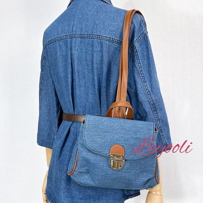 Denim Mini Backpack Purse: Vintage Convertible Shoulder Bag with Faux Leather Trim