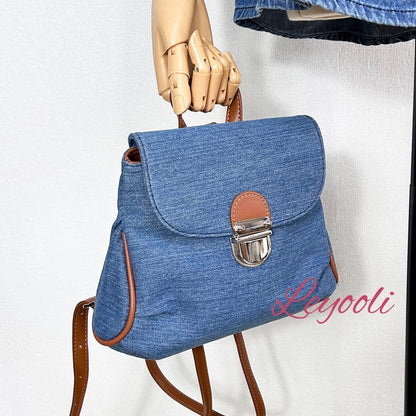 Denim Mini Backpack Purse: Vintage Convertible Shoulder Bag with Faux Leather Trim