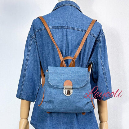 Denim Mini Backpack Purse: Vintage Convertible Shoulder Bag with Faux Leather Trim