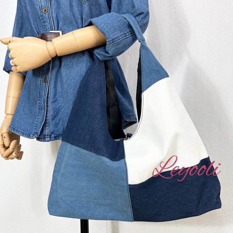 Patchwork Denim Tote Bag: Handmade Color Block Jean Hobo Bag