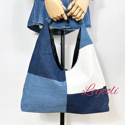 Patchwork Denim Tote Bag: Handmade Color Block Jean Hobo Bag