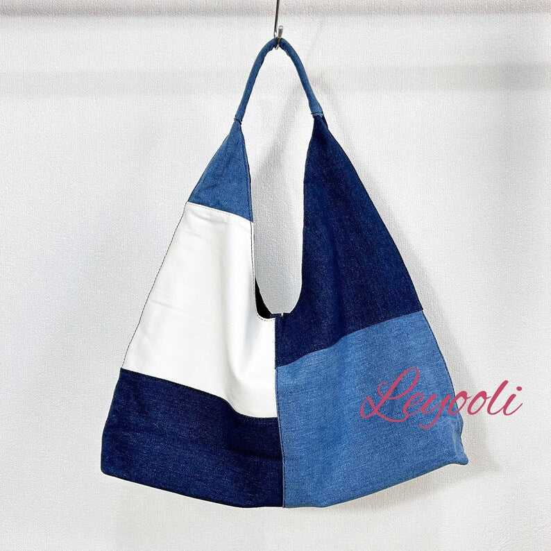 Patchwork Denim Tote Bag: Handmade Color Block Jean Hobo Bag