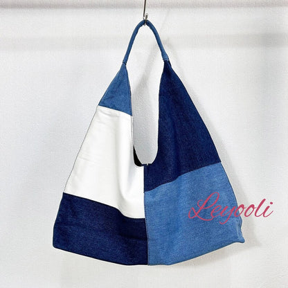 Patchwork Denim Tote Bag: Handmade Color Block Jean Hobo Bag