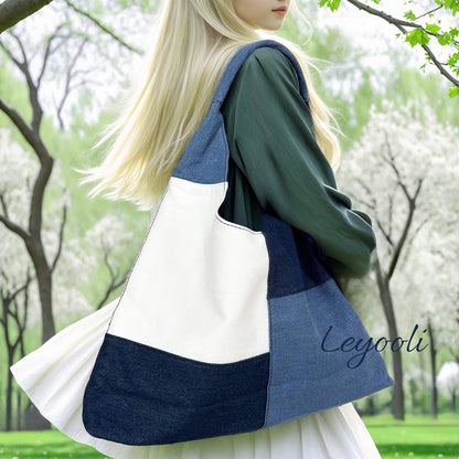 Patchwork Denim Tote Bag: Handmade Color Block Jean Hobo Bag