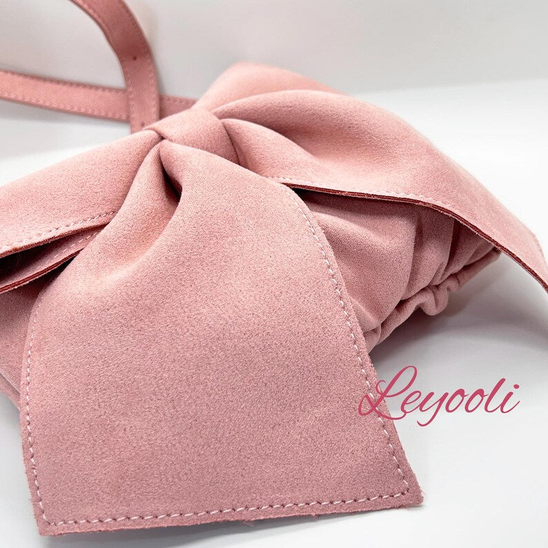 Pink Suede Bow Shoulder Bag, Mini Underarm Handbag