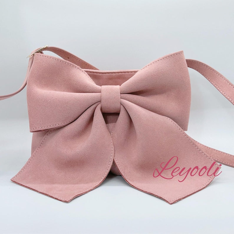 Pink Suede Bow Shoulder Bag, Mini Underarm Handbag