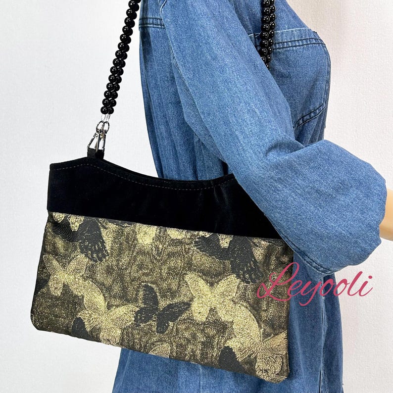 Butterfly Jacquard Shoulder Bag: Chinese Brocade Clutch with Pearl Bead Strap