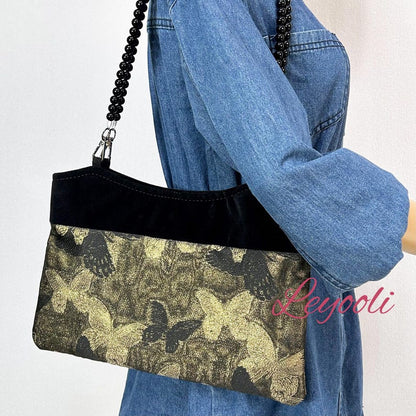 Butterfly Jacquard Shoulder Bag: Chinese Brocade Clutch with Pearl Bead Strap