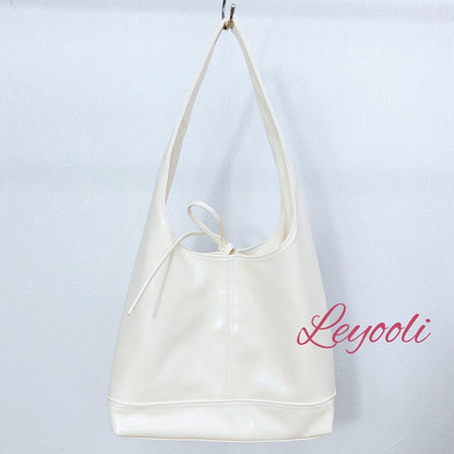 Cream Vegan Leather Bow Tote Bag: Minimalist Shoulder Handbag