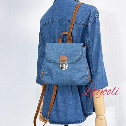 Denim Mini Backpack Purse: Vintage Convertible Shoulder Bag with Faux Leather Trim