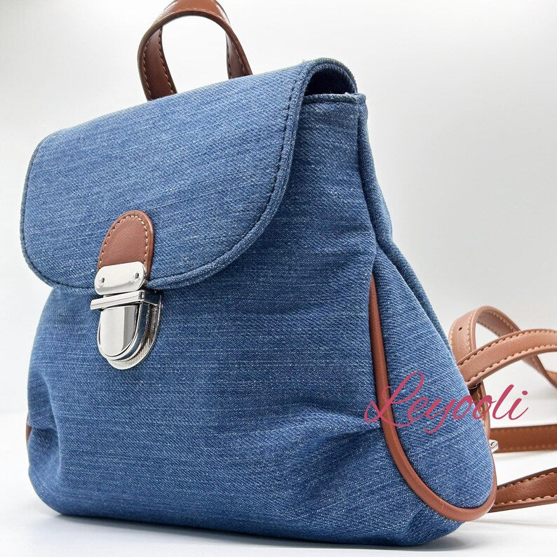 Denim Mini Backpack Purse: Vintage Convertible Shoulder Bag with Faux Leather Trim