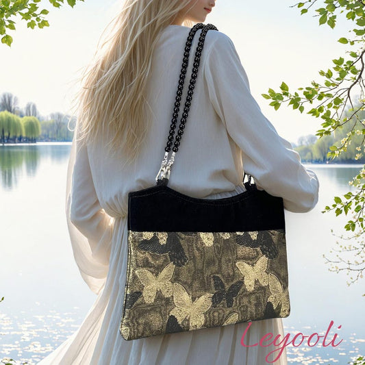 Butterfly Jacquard Shoulder Bag: Chinese Brocade Clutch with Pearl Bead Strap