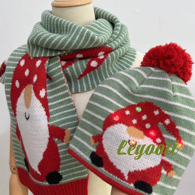 Light Up Christmas Gnome Knit Hat & Scarf Set - LED Beanie
