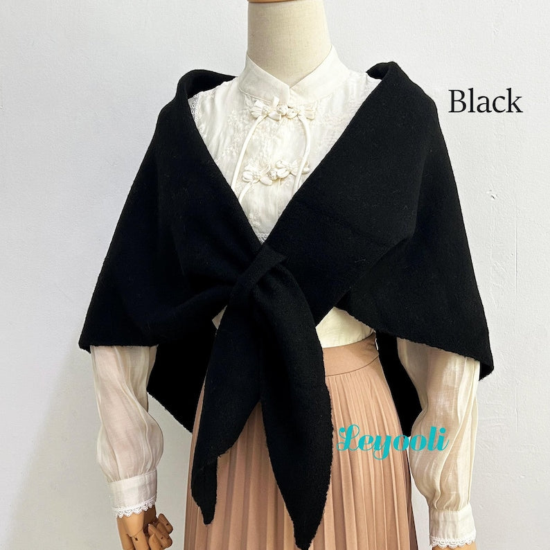 Wool Blend Triangle Shawl: French Vintage Knit Scarf Wrap