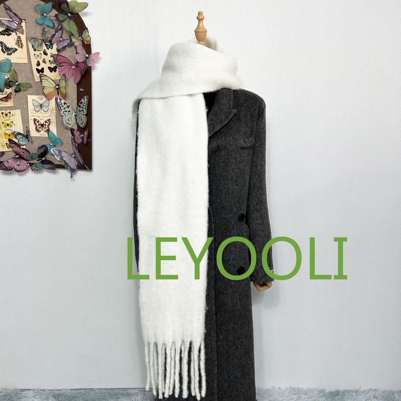 White Mohair Knit Scarf: Soft Fluffy Winter Shawl