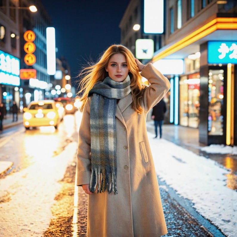 Soft Blue Plaid Mohair Scarf - Cozy Winter Wrap with Beige and White Accents