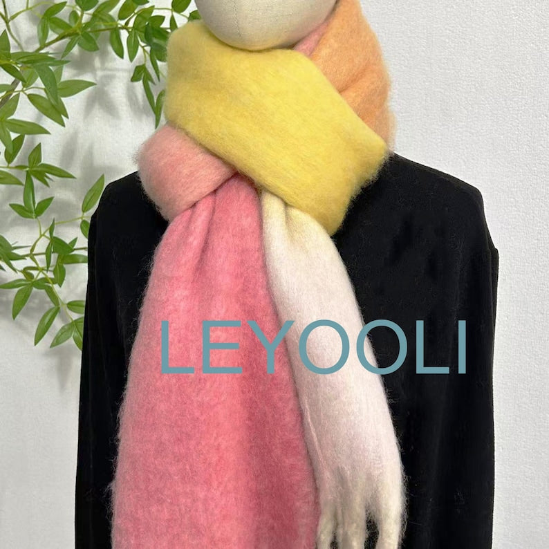 Pink Yellow Mohair Gradient Scarf: Ombre Winter Shawl with Fringe