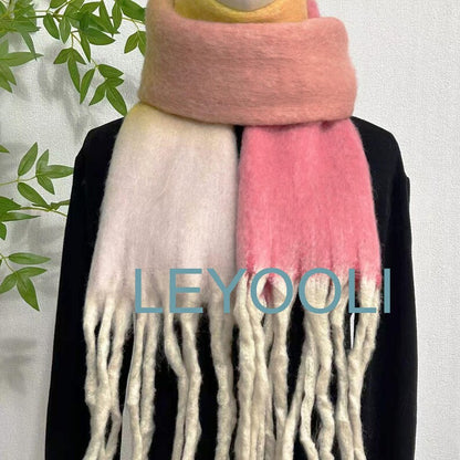Pink Yellow Mohair Gradient Scarf: Ombre Winter Shawl with Fringe