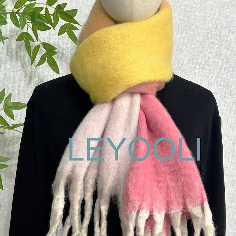 Pink Yellow Mohair Gradient Scarf: Ombre Winter Shawl with Fringe