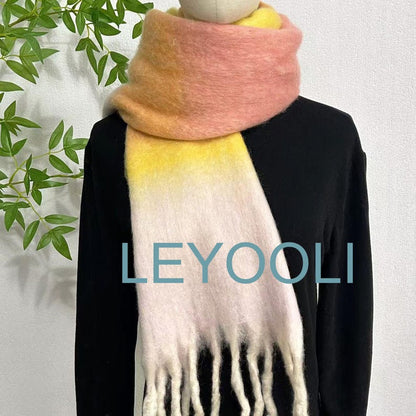 Pink Yellow Mohair Gradient Scarf: Ombre Winter Shawl with Fringe