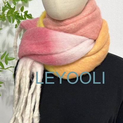 Pink Yellow Mohair Gradient Scarf: Ombre Winter Shawl with Fringe