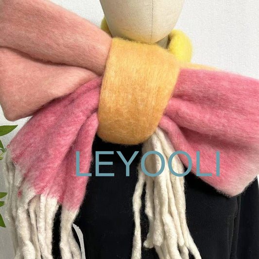 Pink Yellow Mohair Gradient Scarf: Ombre Winter Shawl with Fringe