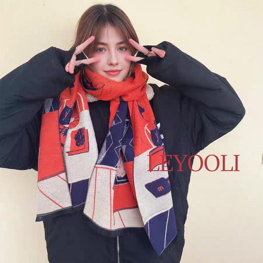 Art Animal Illustration Scarf: Diamond Plaid Patchwork, Navy Blue Orange Beige