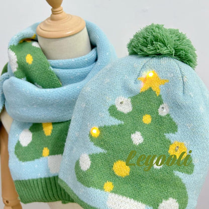 LED Christmas Tree Knit Hat and Scarf Set: Holiday Light-Up Beanie