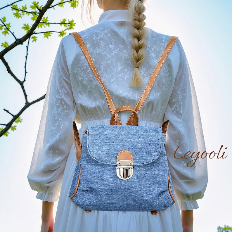 Denim Mini Backpack Purse: Vintage Convertible Shoulder Bag with Faux Leather Trim