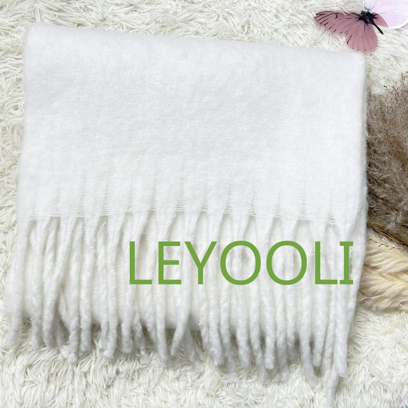 White Mohair Knit Scarf: Soft Fluffy Winter Shawl