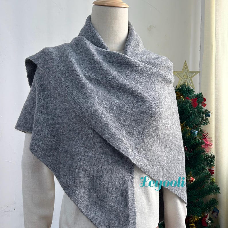 Gray Wool Blend Shawl Wrap | Knitted Loop Scarf, Winter Cape