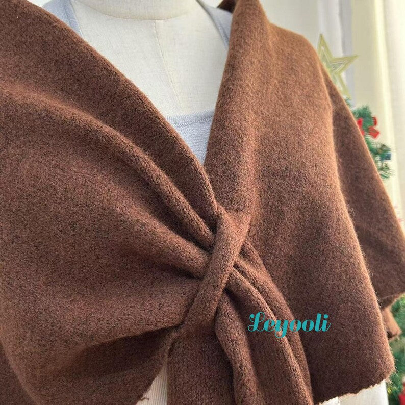 Caramel Wool Blend Shawl Wrap: Handmade Knitted Poncho Cape