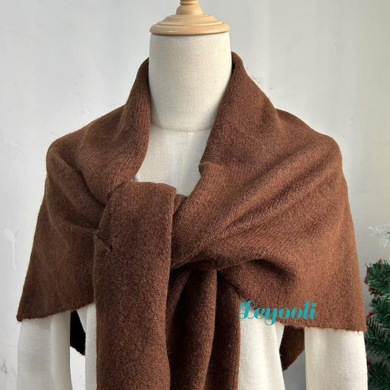 Caramel Wool Blend Shawl Wrap: Handmade Knitted Poncho Cape