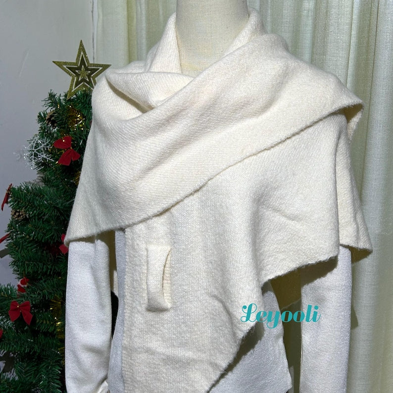 Handmade Cream Wool Blend Shawl: Elegant Winter Poncho Cape