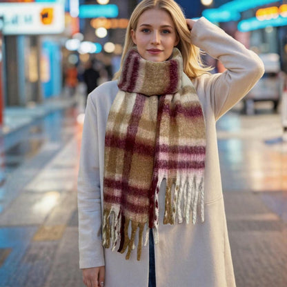 Warm Plaid Mohair Scarf - Beige and Wine Red Checkered Winter Shawl with Tassels