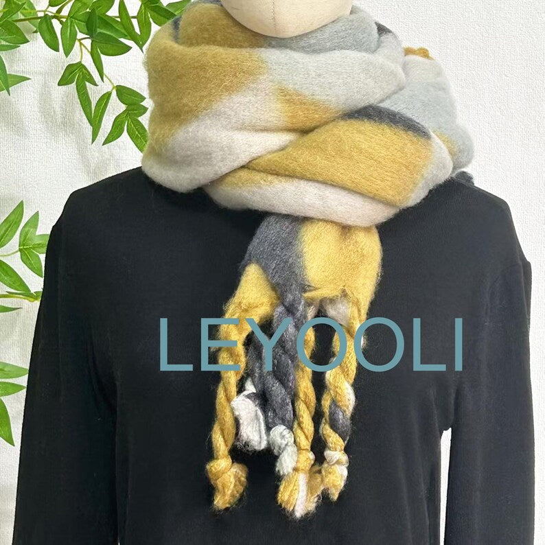 Geometric Mohair Blend Scarf: Color Block Wool Cashmere Winter Shawl