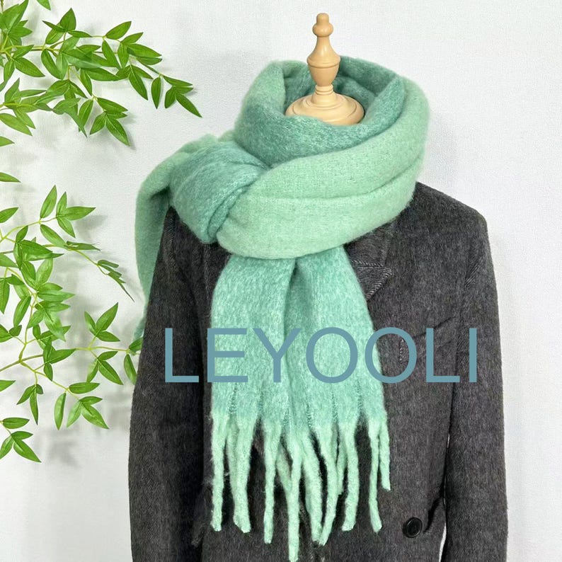 Mint Green Mohair Blend Scarf: Fluffy Winter Shawl with Tassels