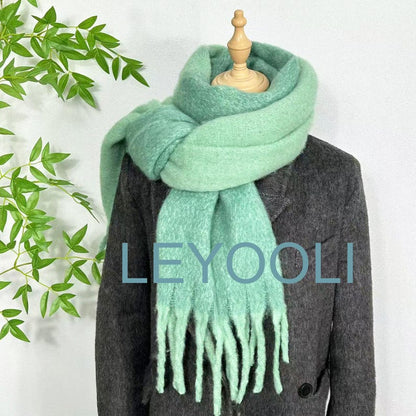 Mint Green Mohair Blend Scarf: Fluffy Winter Shawl with Tassels