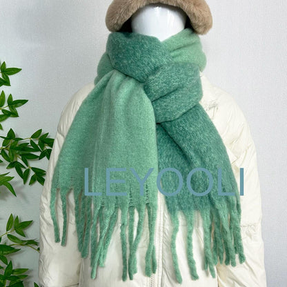 Mint Green Mohair Blend Scarf: Fluffy Winter Shawl with Tassels