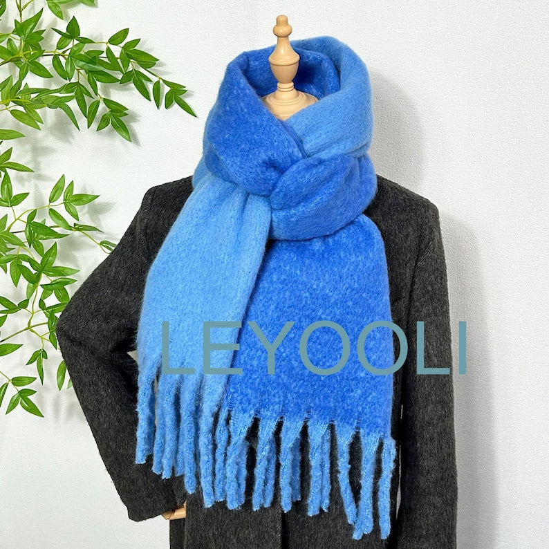Iceland Blue Mohair Blend Scarf: Fluffy Winter Tassel Shawl