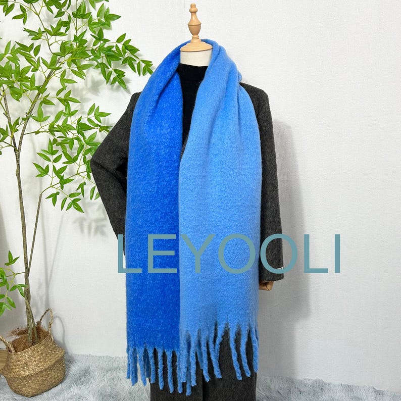 Iceland Blue Mohair Blend Scarf: Fluffy Winter Tassel Shawl