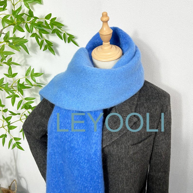 Iceland Blue Mohair Blend Scarf: Fluffy Winter Tassel Shawl
