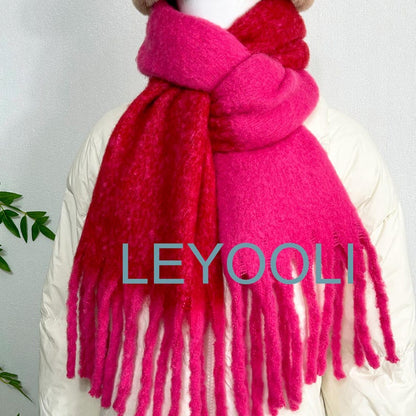 Pink Red Mohair Blend Scarf: Long Tassel Winter Shawl
