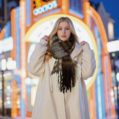 Brown Plaid Mohair Blend Scarf: Soft Winter Shawl with Tassels