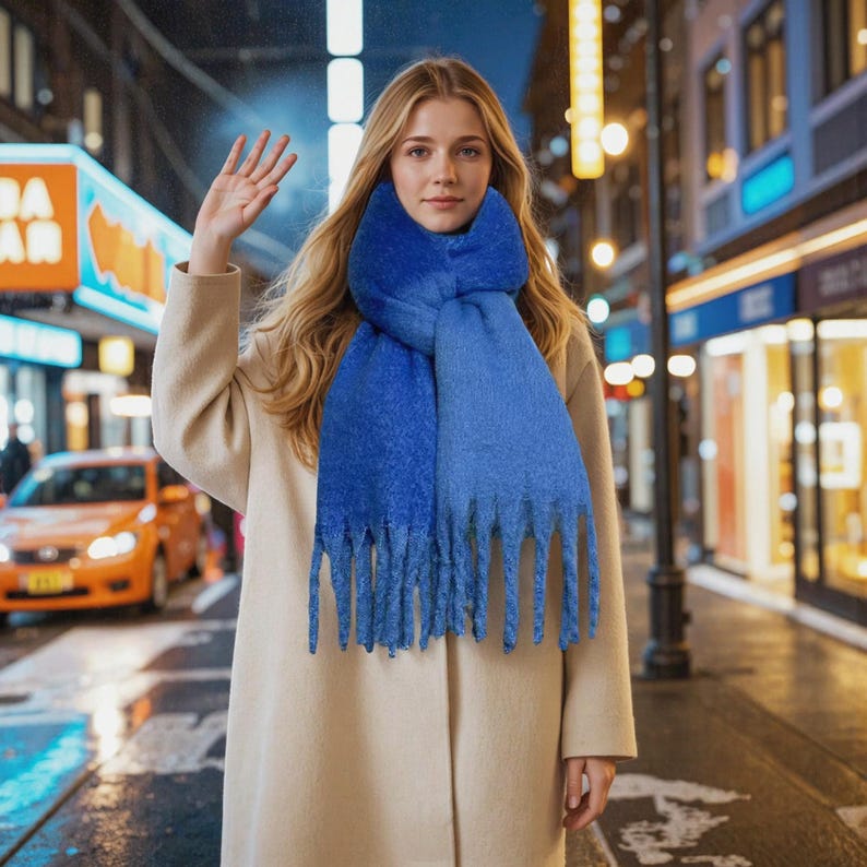 Iceland Blue Mohair Blend Scarf: Fluffy Winter Tassel Shawl