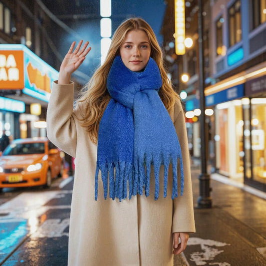 Iceland Blue Mohair Blend Scarf: Fluffy Winter Tassel Shawl