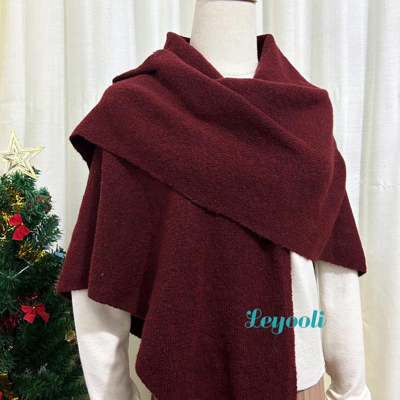 Burgundy Wool Blend Knit Shawl: Cozy Winter Poncho Scarf